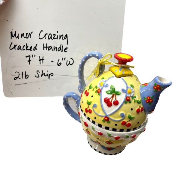 Mary Engelbreit Ceramic Cherry Teapot Tea for One Yellow Blue Rare - Picture 13 of 15